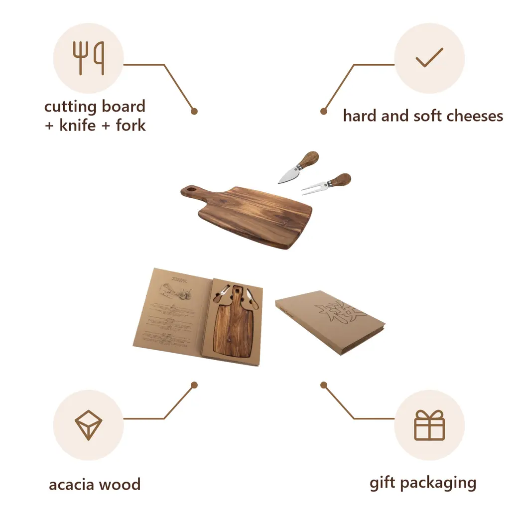 Infographic: VS IWAKI Cutting board, cheese knife and serving fork set