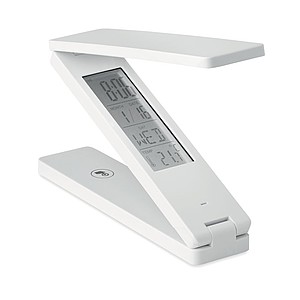 18 LED foldable desktop lamp in ABS with weather station. Displays time, temperature.
