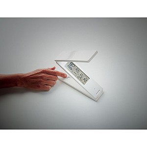 18 LED foldable desktop lamp in ABS with weather station. Displays time, temperature.