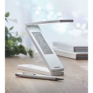 18 LED foldable desktop lamp in ABS with weather station. Displays time, temperature.