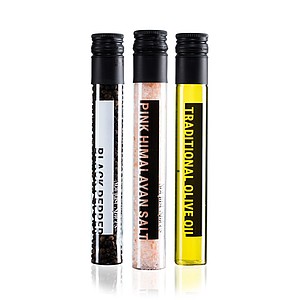 3-Piece cooking box filled with 3 glass tubes of Himalayan salt, black pepper and traditional olive oil.