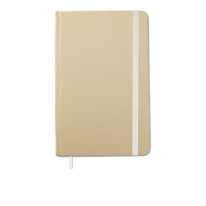 A6 Notebook in recycled material with matching colourful ribbon and elastic band. 96 blank paper pag