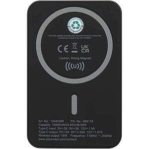 Acrab 10.000 mAh 15W magnetic wireless power bank with 20W PD - made from recycled plastic, solid black