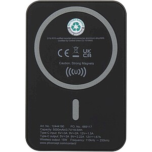 Acrab 5000 mAh 15W magnetic wireless power bank with 20W PD - made from recycled plastic, solid black