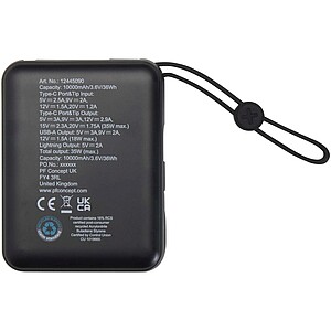 Acrux 10.000 mAh 35W tablet power bank with built in Type-C cable - made from recycled plastic, solid black