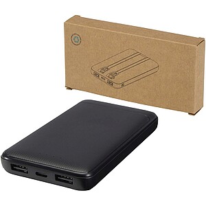 Adhil 10.000 mAh 10W recycled plastic power bank with 2 built-in cables, solid black