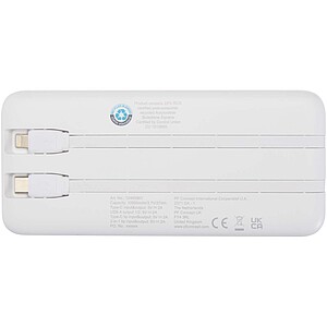 Adhil 10.000 mAh 10W recycled plastic power bank with 2 built-in cables, white