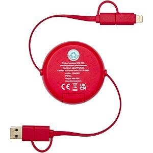 Alasia 5-in-1 100 cm recycled plastic and aluminium retractable data sync and 45W fast charge cable, red
