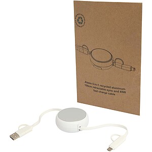 Alasia 5-in-1 100 cm recycled plastic and aluminium retractable data sync and 45W fast charge cable, silver