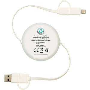 Alasia 5-in-1 100 cm recycled plastic and aluminium retractable data sync and 45W fast charge cable, silver