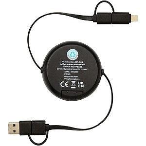 Alasia 5-in-1 100 cm recycled plastic and aluminium retractable data sync and 45W fast charge cable, solid black