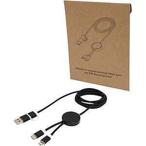 Alasia 5-in-1 recycled aluminium and plastic 150 cm data sync and 27W fast charge cable, solid black