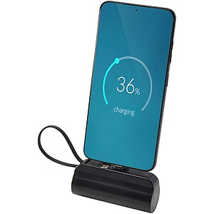 Alnair 5000 mAh 10W recycled plastic Type-C power bank with built-in flip stand and 2-in-1 cable, solid black