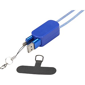Anser recycled plastic smartphone lanyard with 27W 5-in-1 built-in cable, royal blue