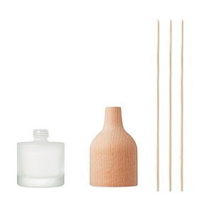 Aroma diffusor with 3 reed sticks. Beech wood top and glass. Fragrance Lily and Jasmine.