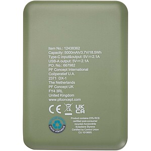 Asama 5000 mAh Type-C recycled plastic power bank, heather green