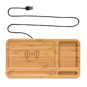 Bamboo desk organizer 5W wireless charger, brown