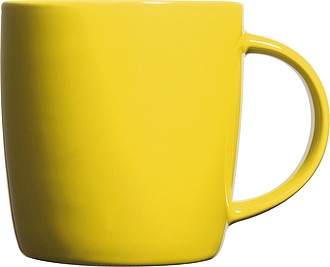 Ceramic cup, white inside and coloured outside, yellow