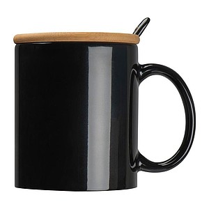 Ceramic mug with spoon and bamboo lid