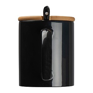 Ceramic mug with spoon and bamboo lid