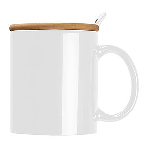 Ceramic mug with spoon and bamboo lid