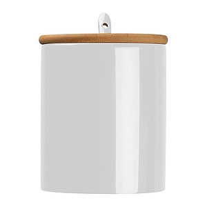 Ceramic mug with spoon and bamboo lid