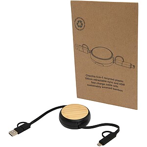 Chechia 5-in-1 recycled plastic 100 cm retractable data sync and 45W fast charge cable, solid black
