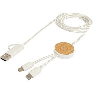 Chechia 5-in-1 recycled plastic 150 cm data sync and 27W fast charge cable with bamboo details, white