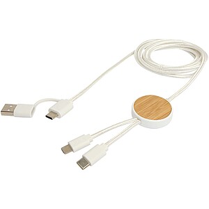 Chechia 5-in-1 recycled plastic 150 cm data sync and 27W fast charge cable with bamboo details, white