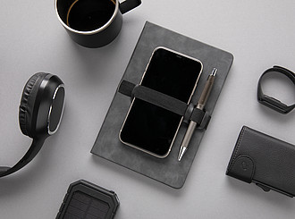 Deluxe hardcover PU notebook A5 with phone and pen holder