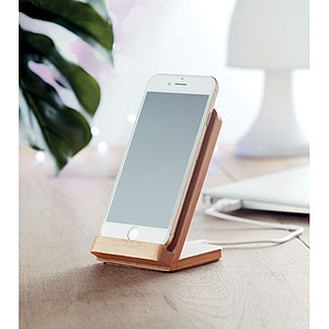 Double coil wireless charger for 1 device in bamboo casing and with stand functionality.