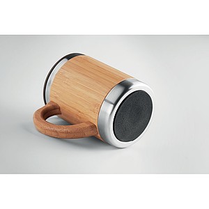 Double wall Stainless Steel tumbler with bamboo case and moveable drink hole. Capacity 300 ml.