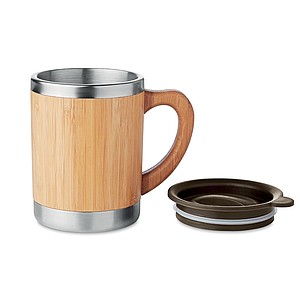 Double wall Stainless Steel tumbler with bamboo case and moveable drink hole. Capacity 300 ml.