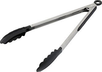 Food tongs with a rubber gripped handle.Black/silver