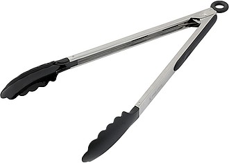 Food tongs with a rubber gripped handle.Black/silver