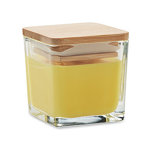 Fragranced plant based wax candle in squared glass holder with a bamboo lid