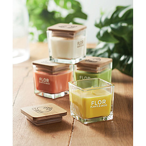 Fragranced plant based wax candle in squared glass holder with a bamboo lid