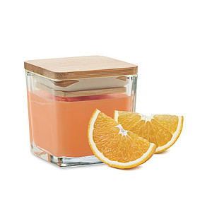 Fragranced plant based wax candle in squared glass holder with a bamboo lid