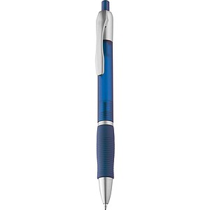 Frosted plastic ball pen with grooved rubber grip zone, blue