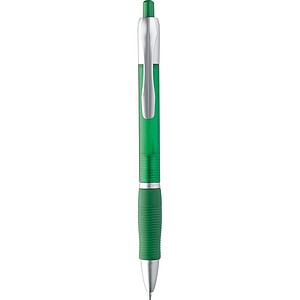 Frosted plastic ball pen with grooved rubber grip zone, green