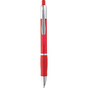 Frosted plastic ball pen with grooved rubber grip zone, red