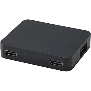 Gaia 4-port USB hub with USB-A and Type-C output and dual input - made from recycled plastic, solid black