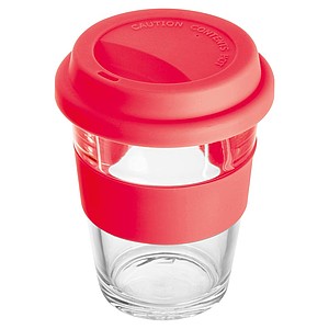 Glass mug with silicon sleeve and lid