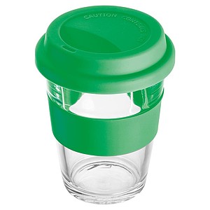 Glass mug with silicon sleeve and lid
