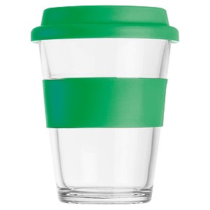 Glass mug with silicon sleeve and lid