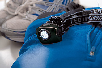 Head lamp with 5 strong LED lights, light flashes or burns normally,colour silver