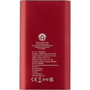 Juice 4000 mAh Type-C recycled aluminium wireless power bank, red