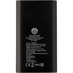 Juice 4000 mAh Type-C recycled aluminium wireless power bank, solid black