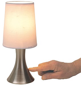 Lamp with a touch area on the bottom and a dimmer (3 levels),colour silver, white