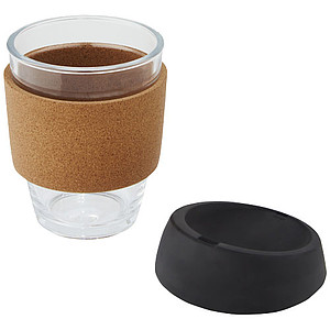 Lidan 360 ml borosilicate glass tumbler with cork grip and silicone lid